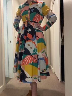 Boden Multicolor Scenic Print Midi Dress in Yellow, Navy, Pink, Green